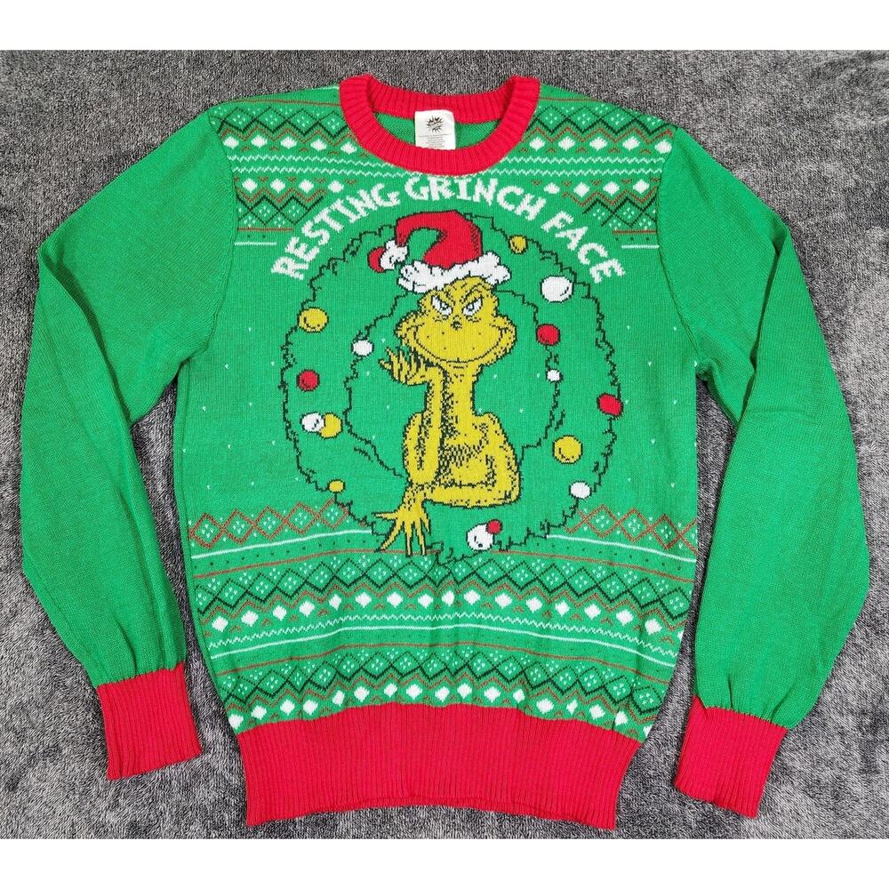 The Grinch Sweater Mens L Green Resting Grinch Face Christmas Pullover Graphic